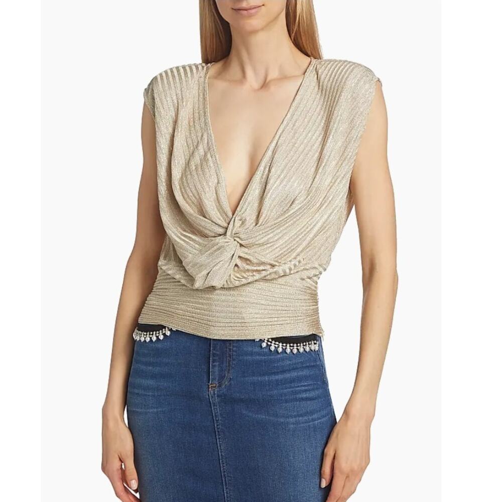Ramy Brook Adley Metallic Stripe Knotted Top Soft Gold Foil Size 6 NWT Chic Glam